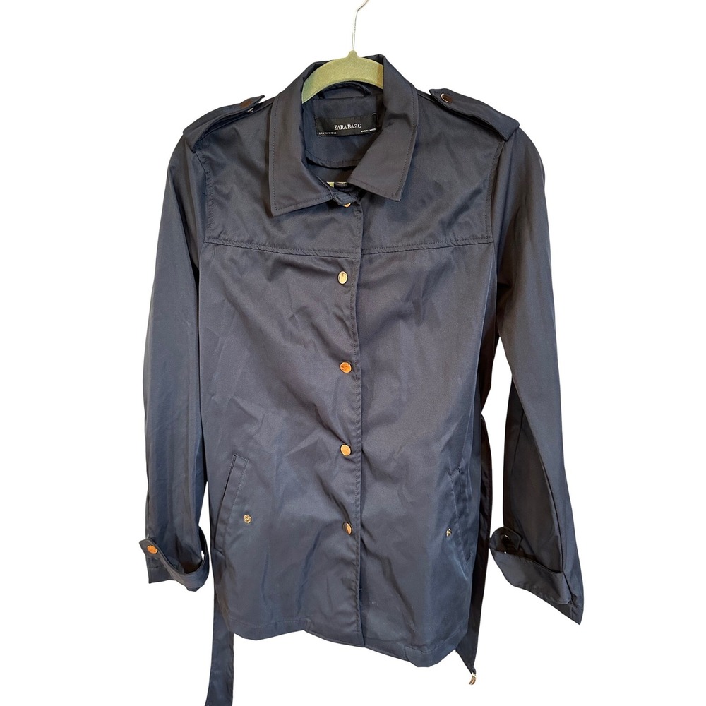 Zara Basic Navy Blue Belted Military Trench Jacket Snap Button Epaulettes Size M